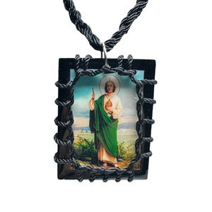 Large St Jude Scapular Necklace Knotted Rope Black Wood Charm NEW
